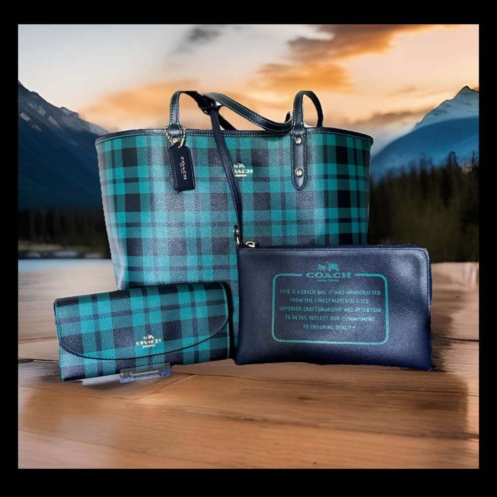 Coach Reversible Teal Turquoise Riley Plaid Tote Bag Set W/ Lg Matching Wallet 🤩